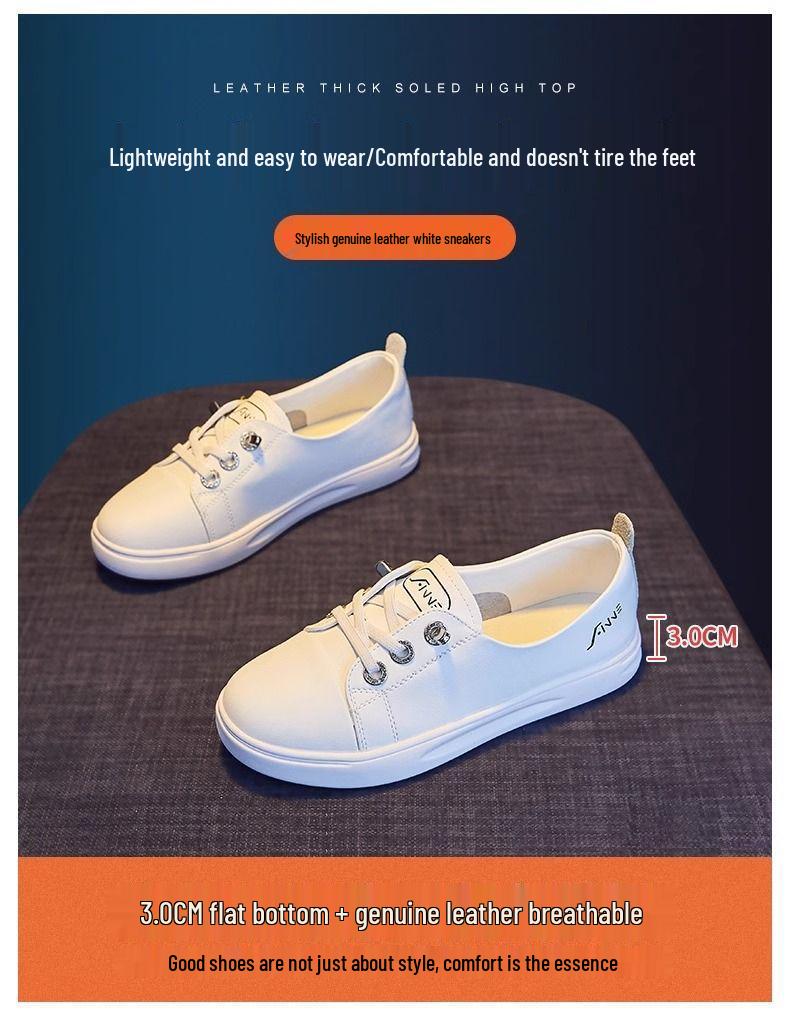 Women's Genuine Leather Slip-On White Sneakers: Low-Cut, Versatile, Trendy Summer Style.