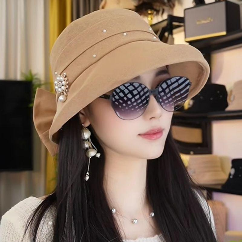 

Hat Ladies 2025 New Arrival Elegance Easiest for Match Pearl Fisherman Basin Hat Summer Lightweight Breathable Sun Hat Brown shell beads One size