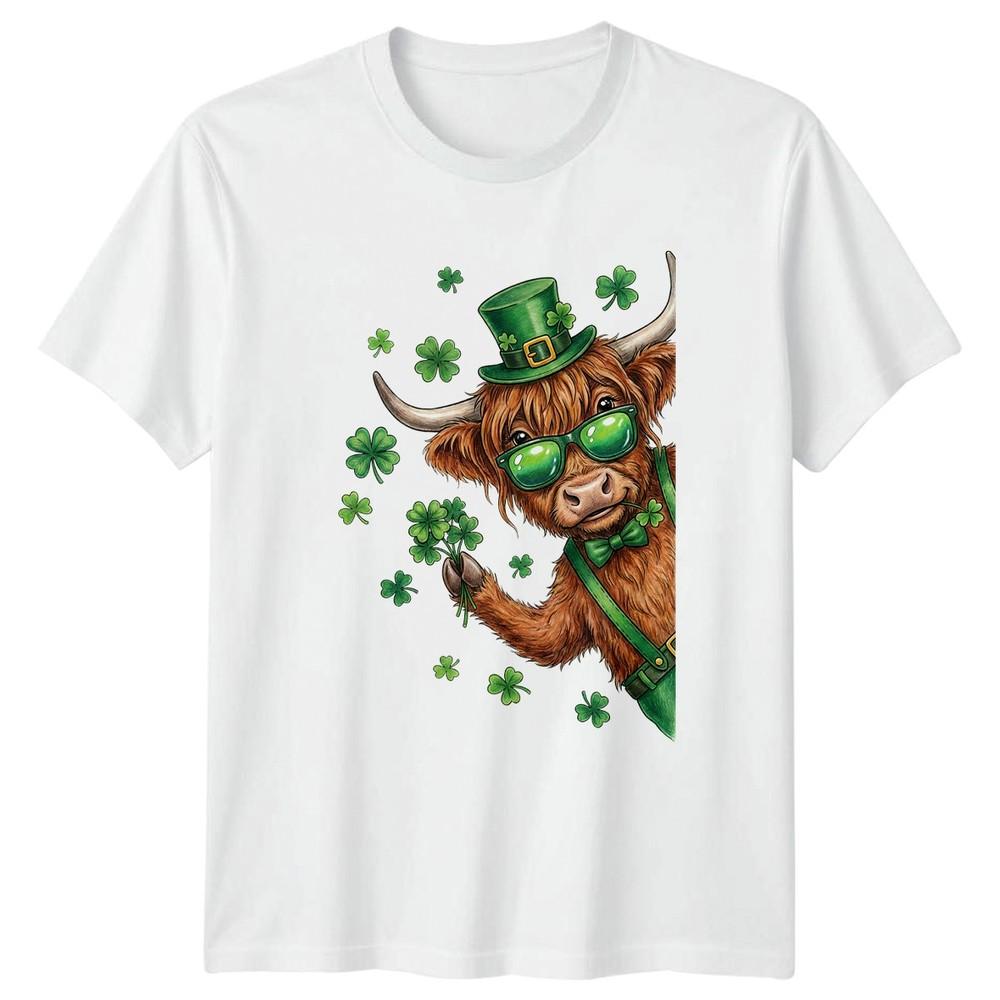 St Patricks Day Highland Cow Wearing Green TShirt Irish Clover Holiday S