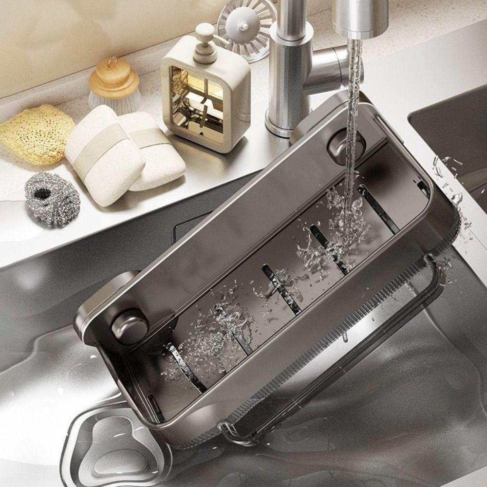 Space Aluminum Suction Cup Sink Drain Rack Wall Mounted Waterproof Sink Sponge Holder Punch Free with Water Tray