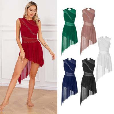 Costume da ballo lirico da donna con strass, tulle trasparente, body fluido, costume da ballo di pattinaggio di figura