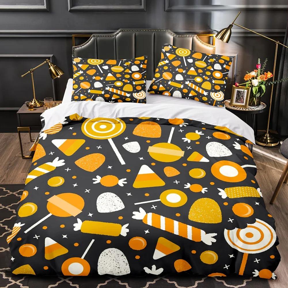 3D Print Halloween Bedding Set, Halloween Cartoon Jack O' Lantern Tombstone Skulls And Bones 2-3Pcs Polyester Duvet Cover Set