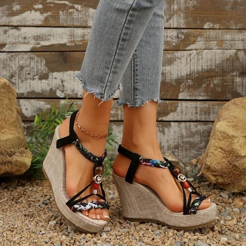 Fashion Women's Shoes 2025 Elastic Band Women's Sandals Fashion Casual Sandals Women String Bead Plus Size Super High Wedge Shoes Female
