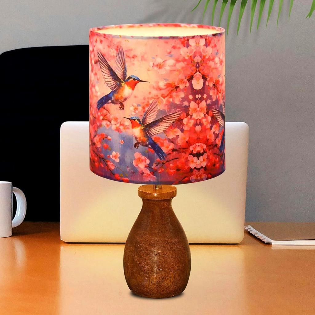 Rustikale Holz-Dovetail-Topf-Tischlampe mit bedrucktem Stoffschirm | Handgefertigtes Nachttischlicht für Wohnzimmer, Schlafzimmer, Büro, Café, Heimdekor,