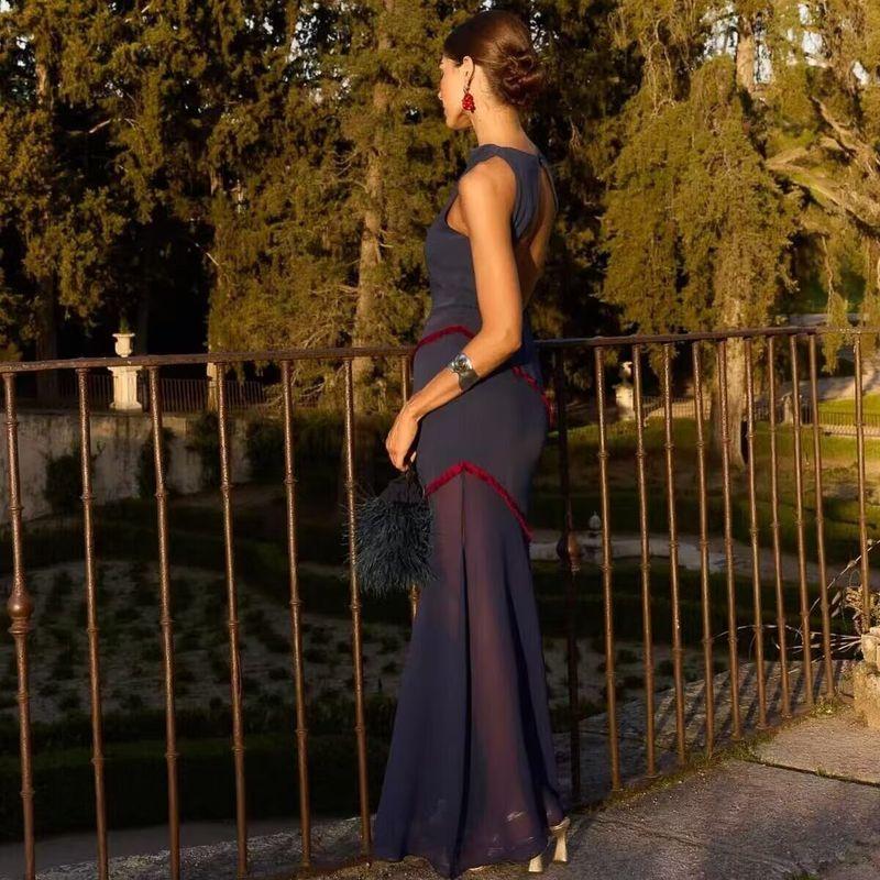 Za Autumn New Women Clothes 2025 Western Style Fashion Sexy Patchwork Contrast Color Tassel Decoration Backless Dress