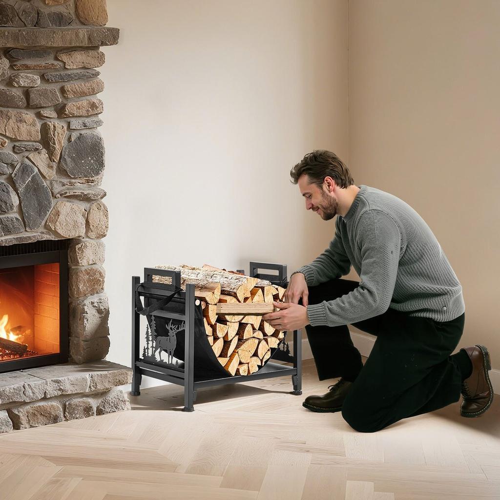 Indoor Firewood Rack, 45cm Curved Log Holder with Canvas Carrier, 18kg Weight Capacity Wood Storage Stand, Powder-Coated Steel Firewood Holder, Heavy