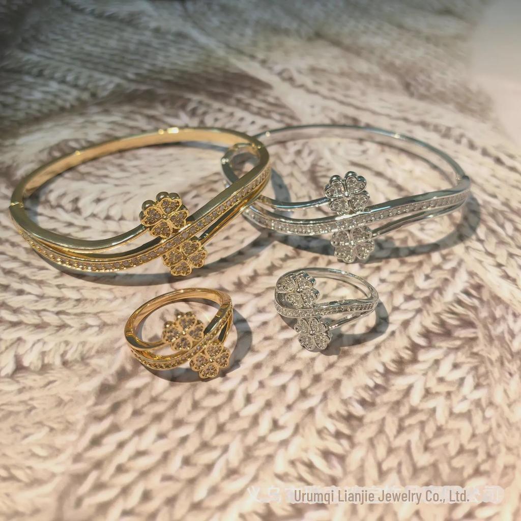 18K Gold Electroplated Four-Leaf Clover Bracelet and Ring Set with Diamonds