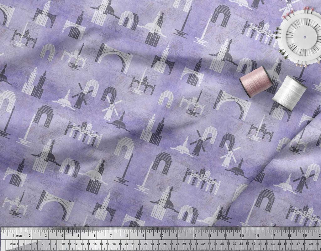 Soimoi Purple Japan Crepe Satin Fabric Text & Monuments Architectural Print Sewing Fabric Metre 42 Inch