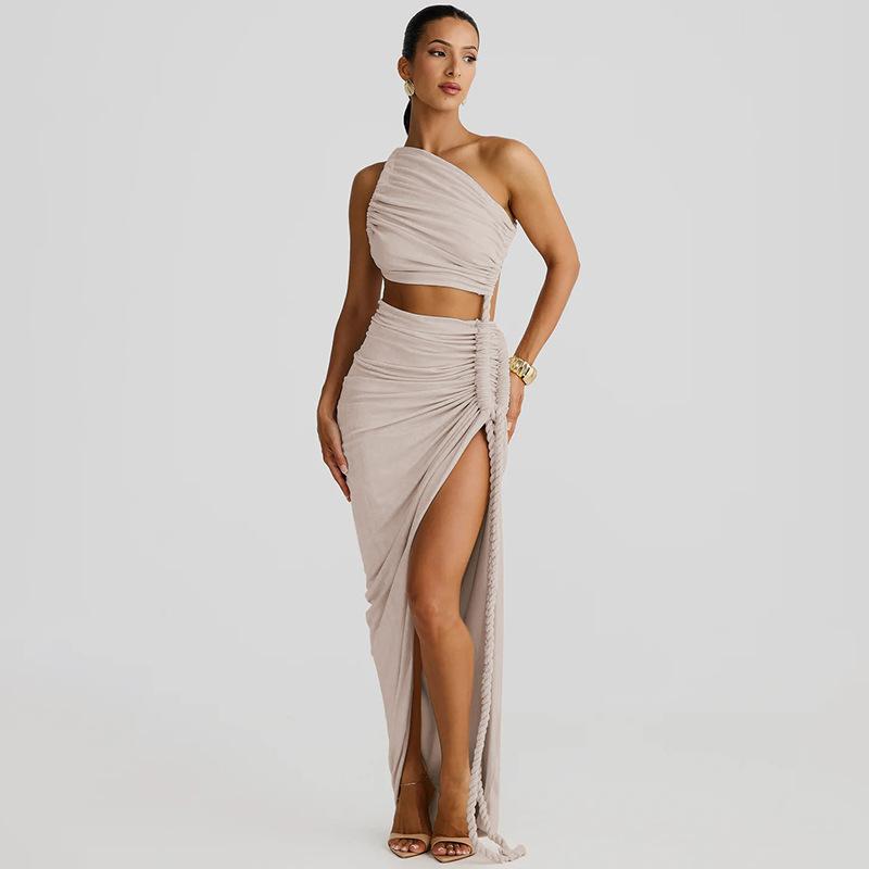 Women's autumn new fashion one shoulder tube top halter hollow tether pleated dress