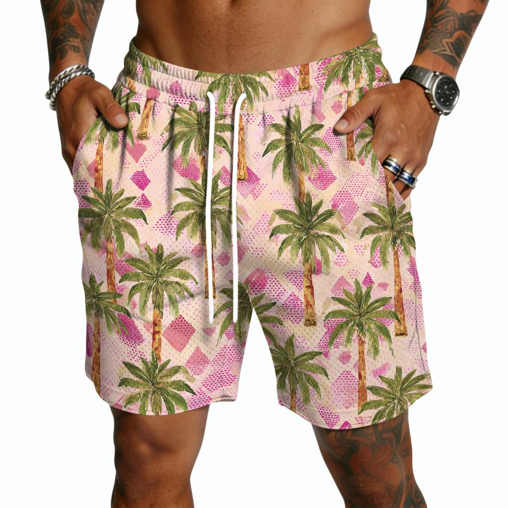 Men's Casual Hawaiian Print Drawstring Shorts, Lightweight Quick-Dry 5-Inch Inseam Beach Shorts for Summer Vacation