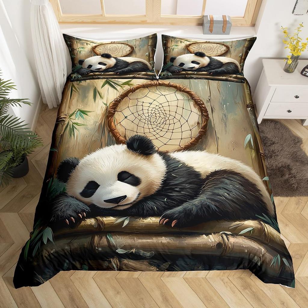 Cute Panda Duvet Cover Set Twin Queen Cartoon Wild Animal Bedding Set Minimalism Hand Drawn Comforter Cover Kawaii Room Decor
