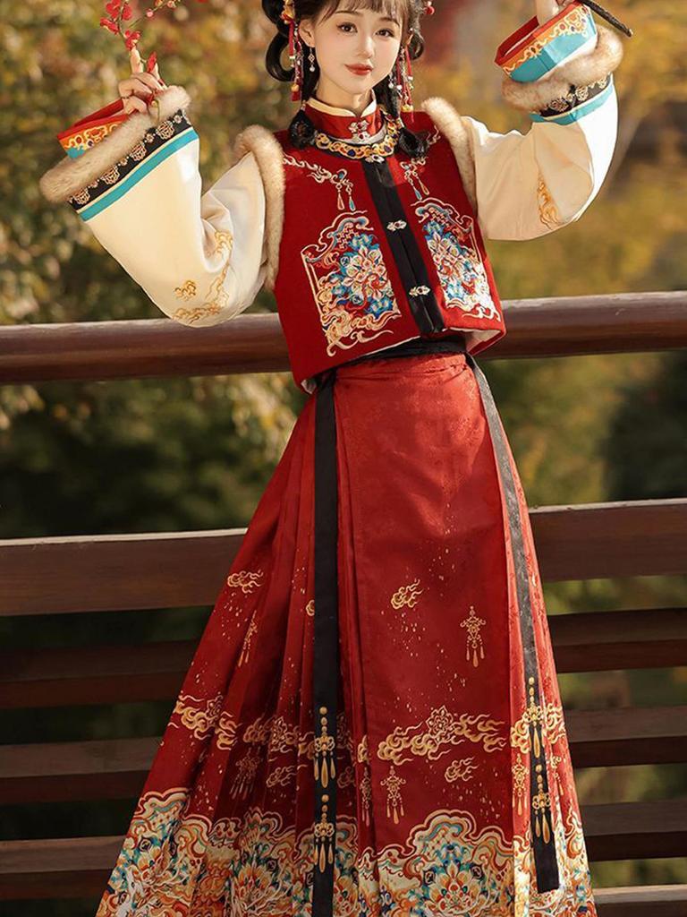 Ming Dynasty-Inspired Hanfu Women's Embroidered Bijiya Stand Collar Mamian Skirt with Velvet - Autumn/Winter Set