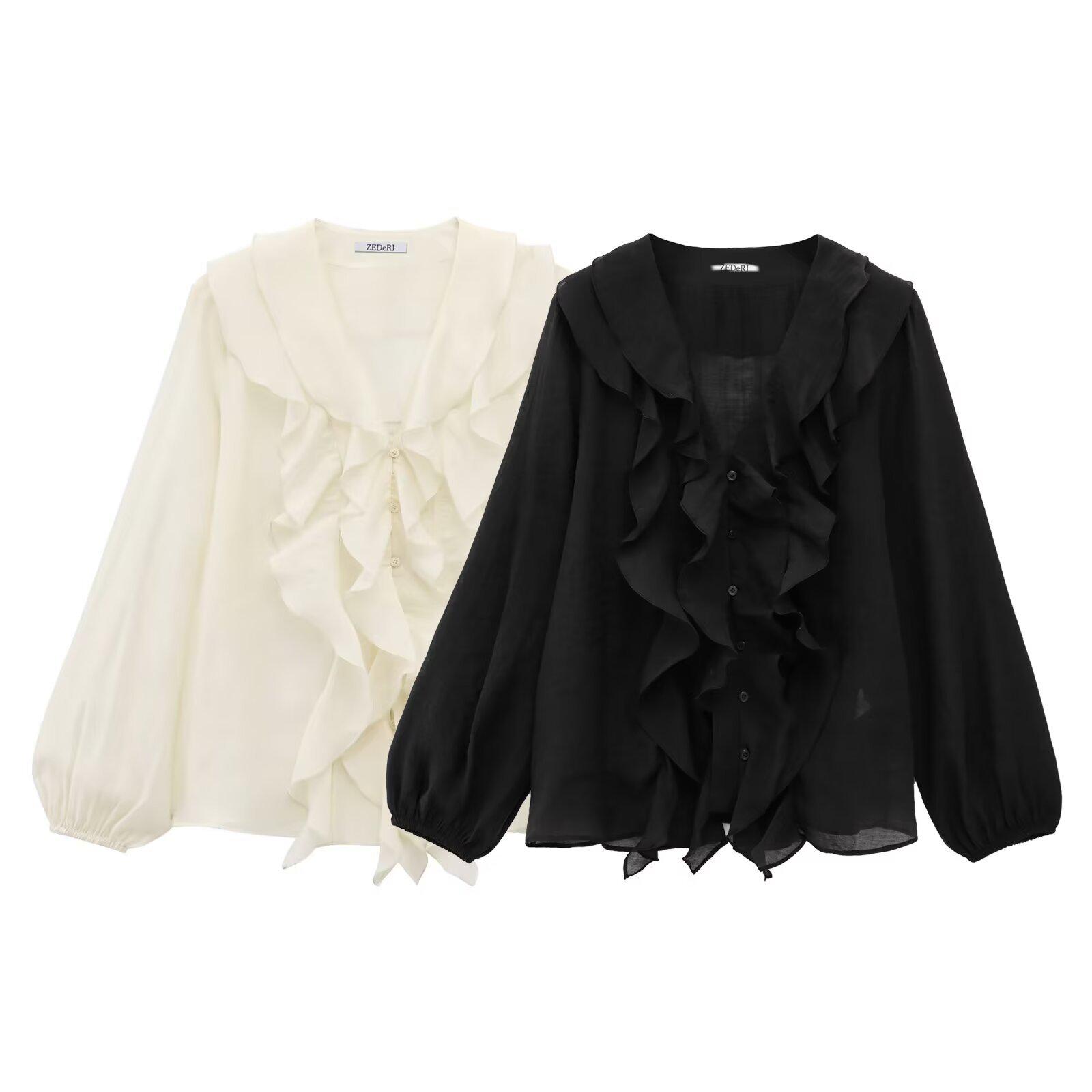 

2025 Spring Casual Layered Puff Sleeve V-Neck Blouse Large