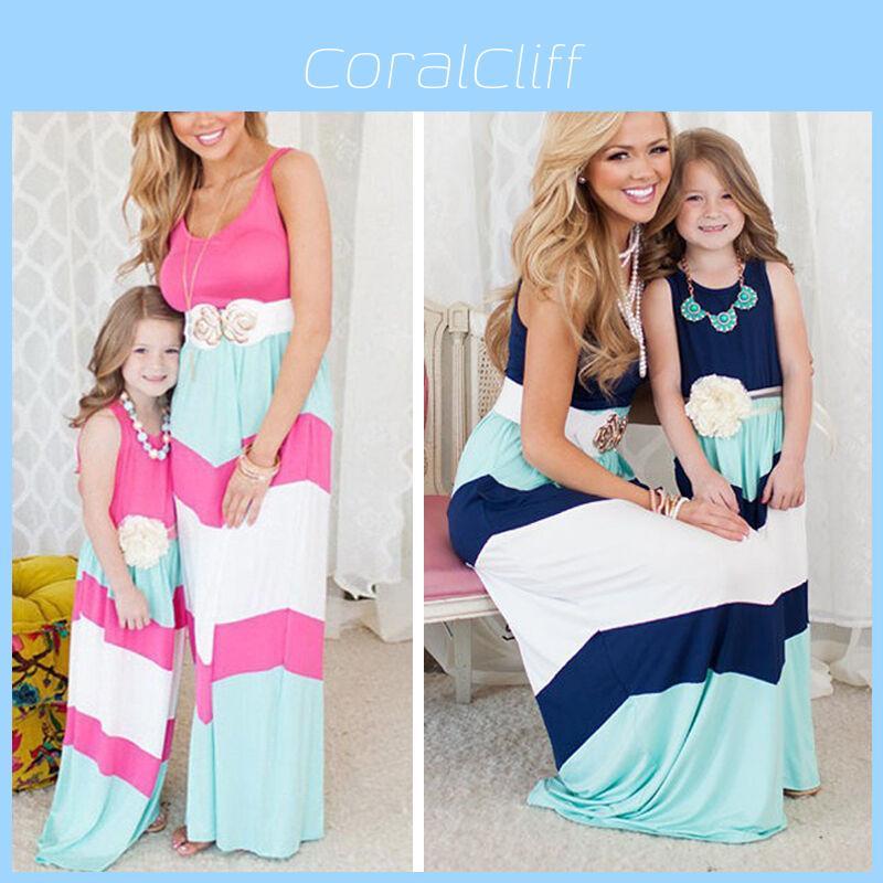 Stilvolles Boho-Streifen-Maxikleid für Mama und Kind, perfekt für lässige Partner-Looks