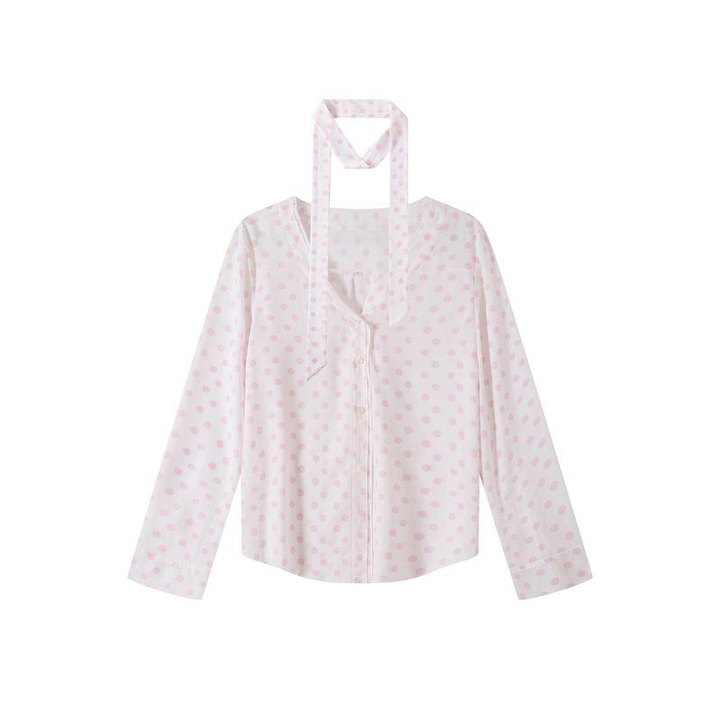 

Thelight Coruli Pink Polka Dot Long sleeve Shirts Women with Neckerchief Top V-neck Low Cut Cardigan Sun Protection White L