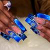 24Pz Unghie Finte Francesi Quadrate Lunghe Press-On con Fiore 3D Stampa Leopardo Glitter Blu Strass Punte Finte per Unghie