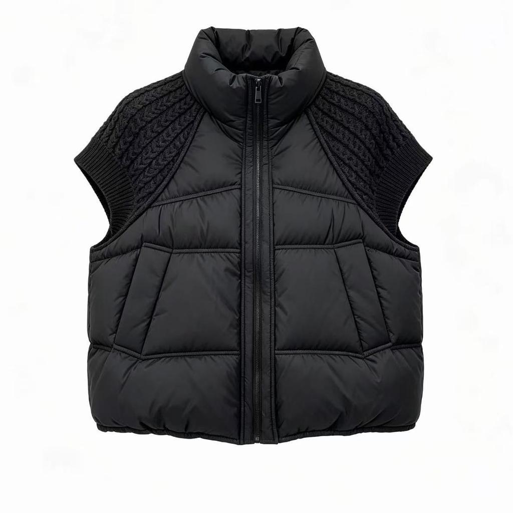 Popular knitted splicing vest short, cotton clothes vest women's stand-up collar loose jacket thickened rim clip