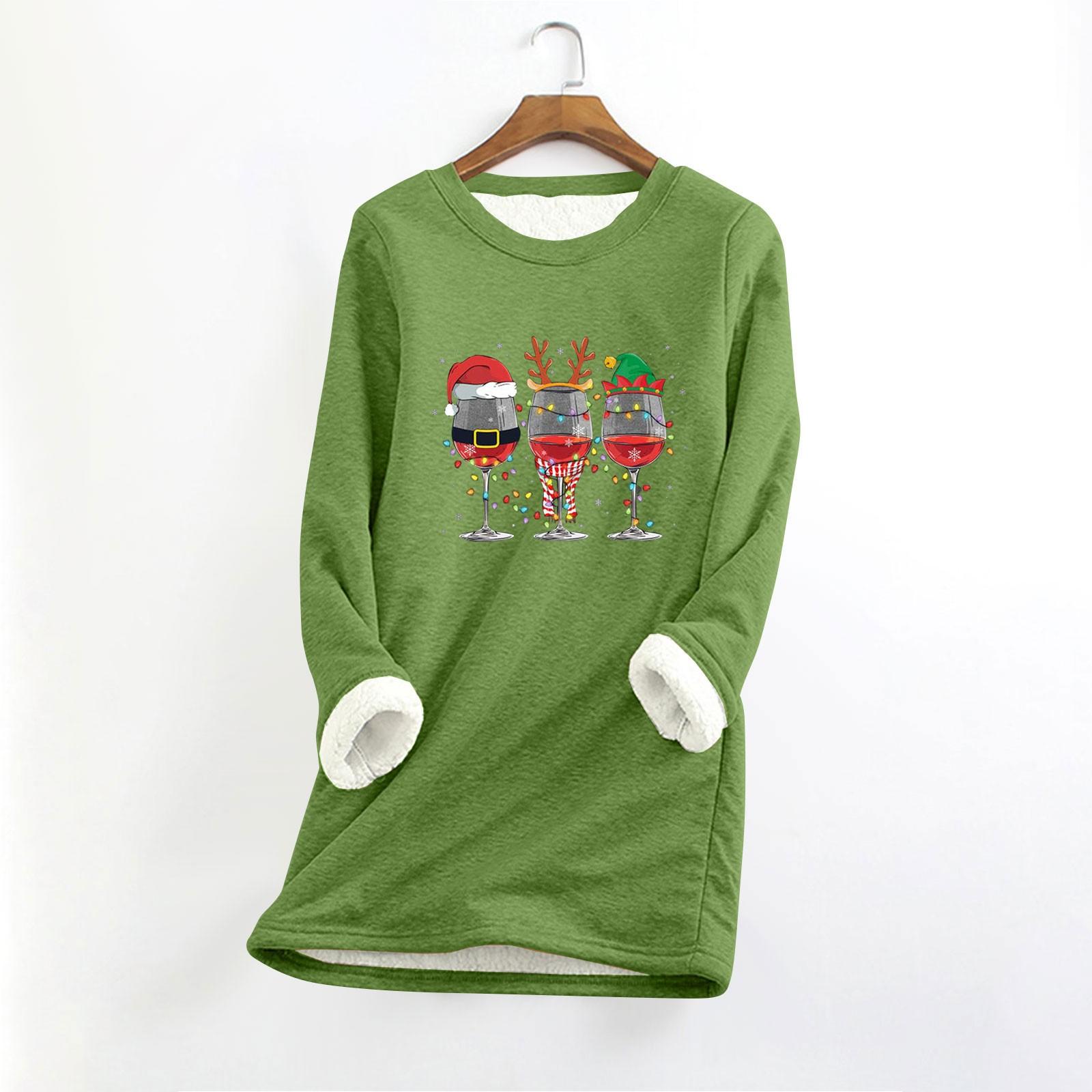 

Женский круглый вырез с длинным рукавом и рождественским принтом, утолщенный плюшевый кашемировый теплый длинный топ L армия зеленый