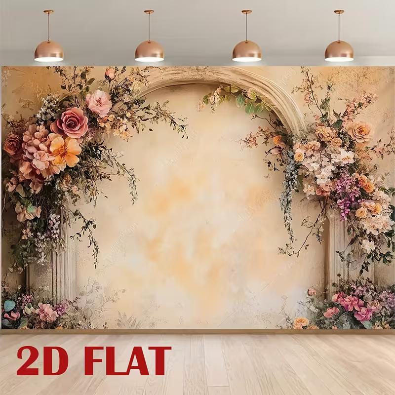 

2D Rustic Beige Wall Backdrop with Floral Arrangements and Columns 47.2x31.5inch/120*80cm
