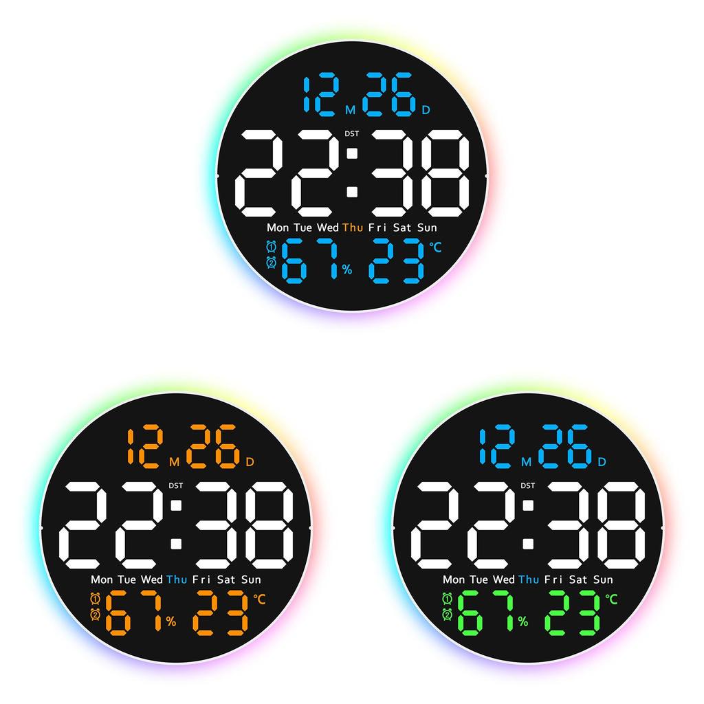 Modern Circular Digital Wall Clock With Night Light And Temperature For Living Room Decor