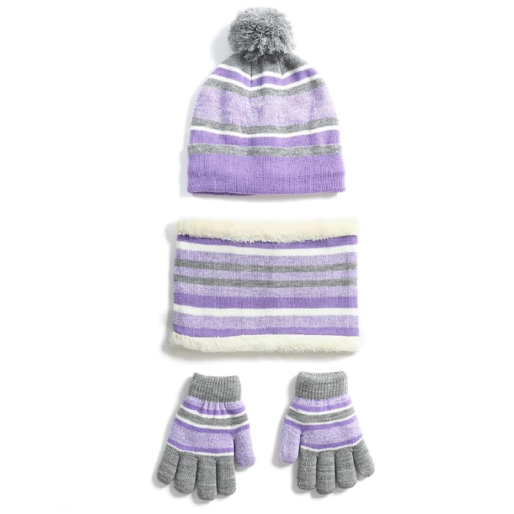 TRIWONDER Pletená sada na krk a rukavice pro Perfektní pro venkovní aktivity a cestování Fialový fleece 3dílná čepice, nákrčník, chlapci, zima, lyžování, snowboarding, cyklistika,