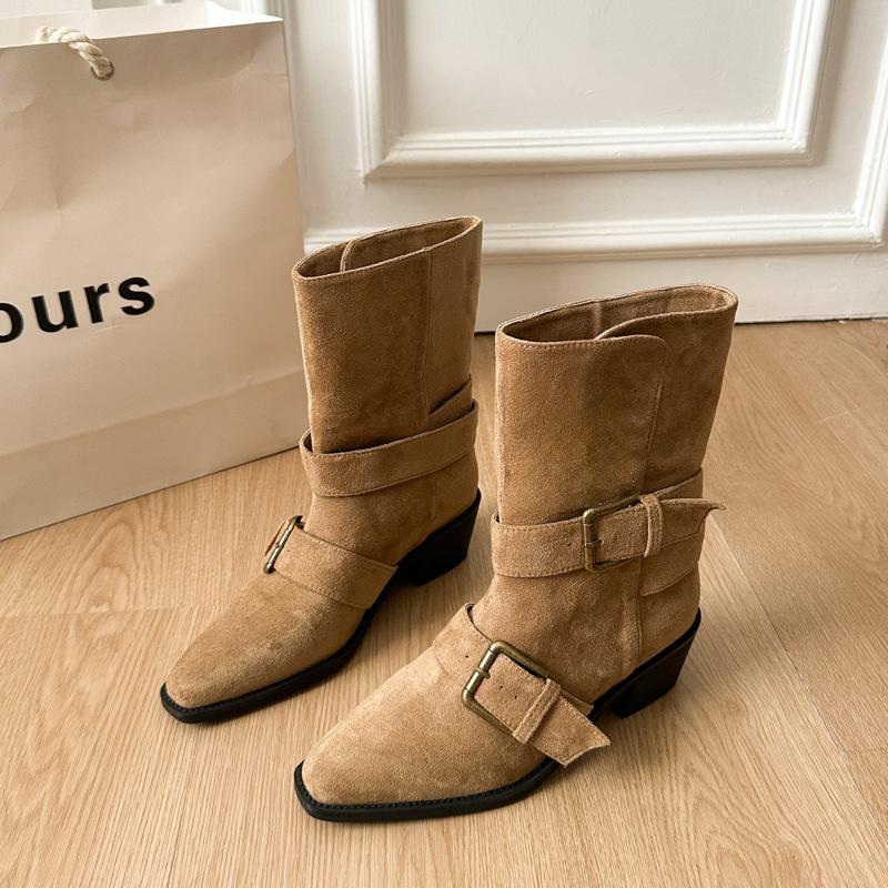 

Нишевый дизайн ретро французский толстый каблук короткие ботинки женские ботинки 2025 новый корейская версия ботинки средней длины с острым носком в стиле вестерн 40 верблюд
