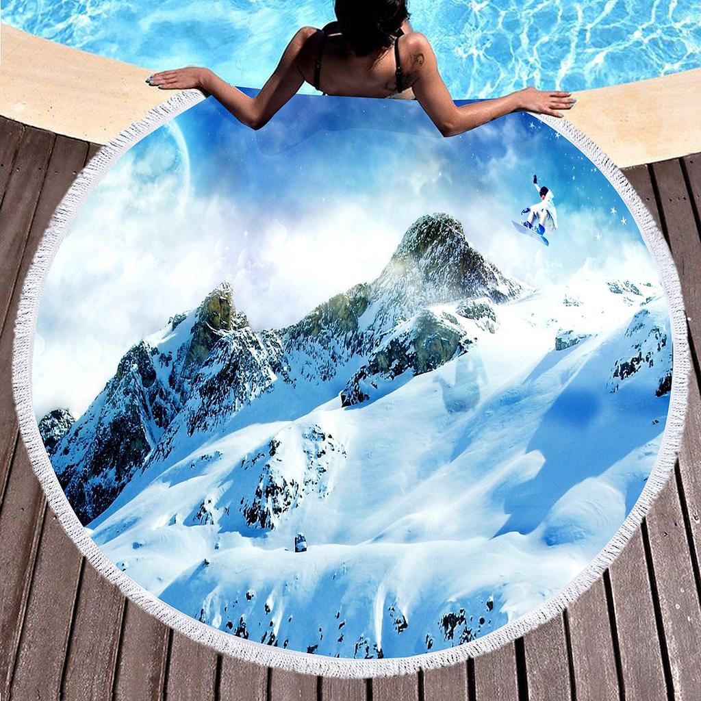 Natural Scenery Snow Mountain Round Beach Towel Sand Free Quick Dry Beach Towels with Tassels for Women Adult Swim Pool Yoga