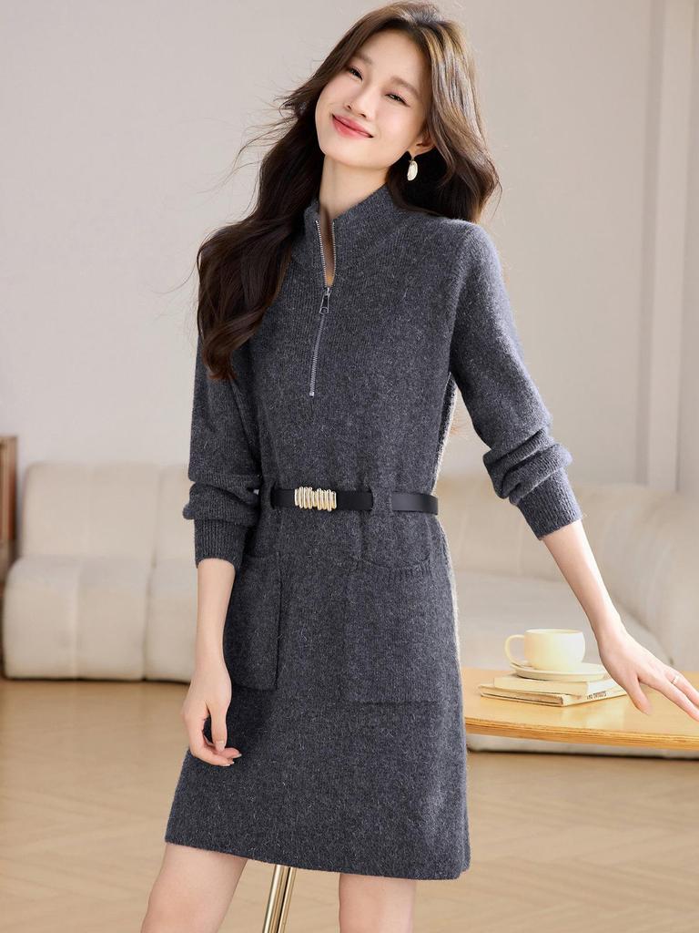 Korean Style Red Knit Zipper Dress for Women - Autumn/Winter 2025