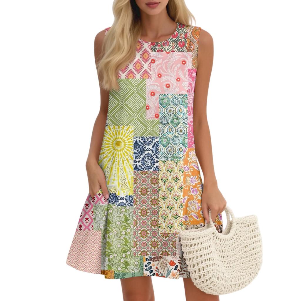 Women's Casual Fashion Breathable Round Neck Vest Floral Holiday Dress With Pockets