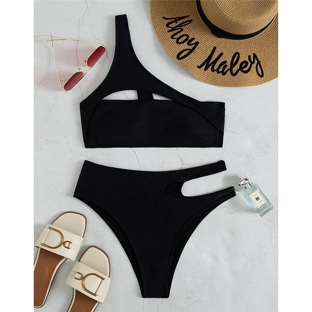 

Сексуальный одно плечо вырез с высокой талией бикини женский купальник женский купальник из двух частей бикини комплект купальный костюм купальный костюм S чёрный