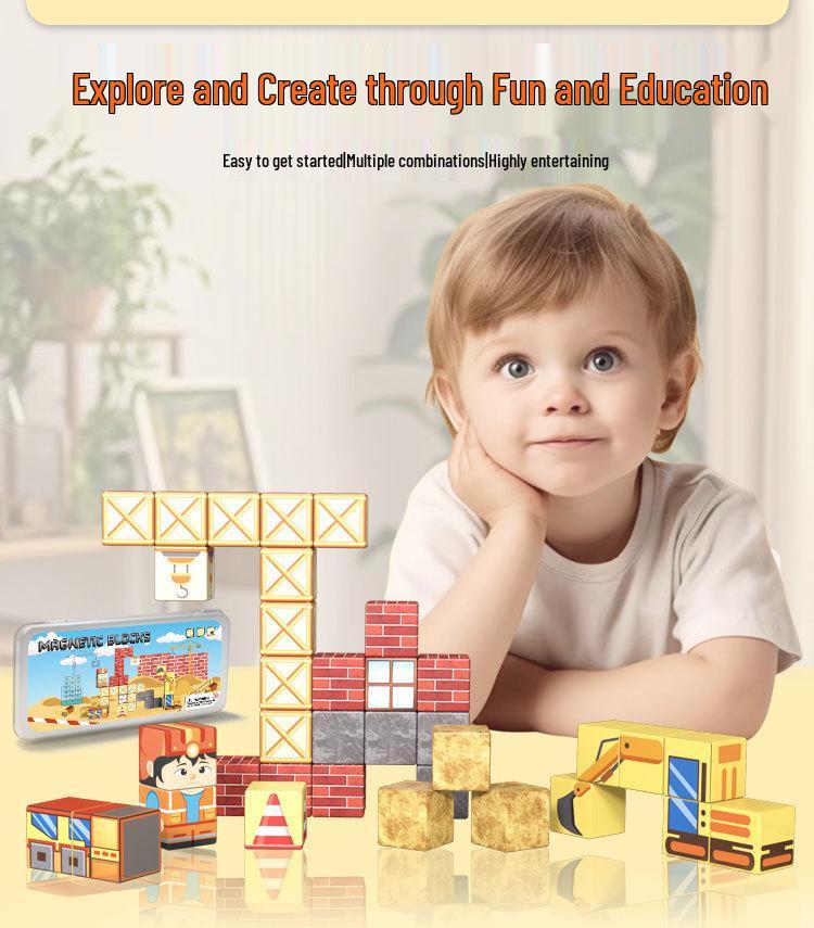 Cross-Border Excavator Magnetic Building Blocks Set: Children's Educational Toy in a Portable Iron Box