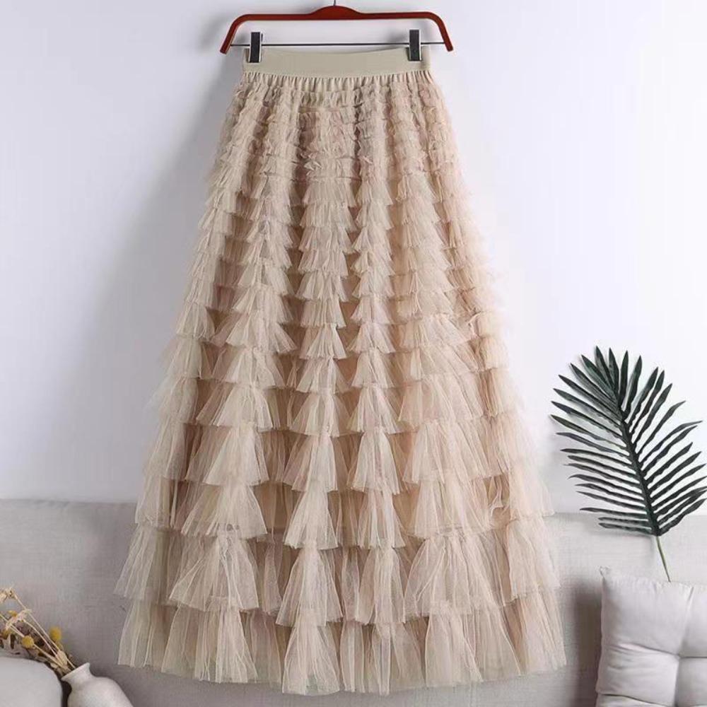 Women's Elastic Waist A‑Line Maxi Tulle Skirt Fresh Sweet Tiered Cake Long Skirt