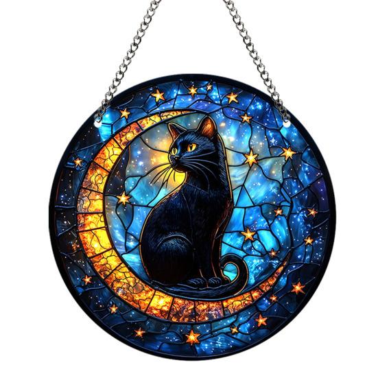 Halloween Witch Black Cat Hanging Sign 2D Flat Acrylic Broom Witch Round Sign Indoor Outdoor Porch Door Hanger Wall Hanging Decoration