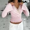 Spicy Girl Pink Lace Patchwork Ruched V-Neck Base Shirt