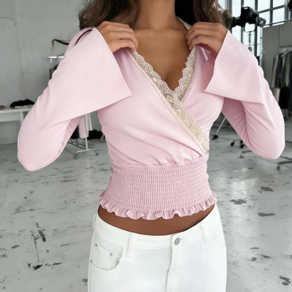 Spicy Girl Pink Lace Patchwork Ruched V-Neck Base Shirt