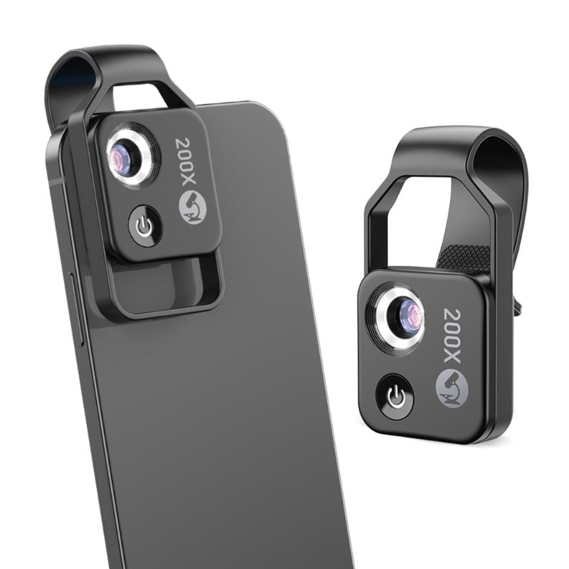200X LED Lighted Pocket Microscope with Builtin LED Universally Smartphone Digiscoping Adapter Clip Macro Lens