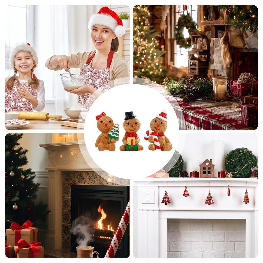 Gingerbread Figurines Mini 3 Pieces Party Christmas Figurine Resin Art Decoration Sculpture For Shelf Table Home Festive Indoor