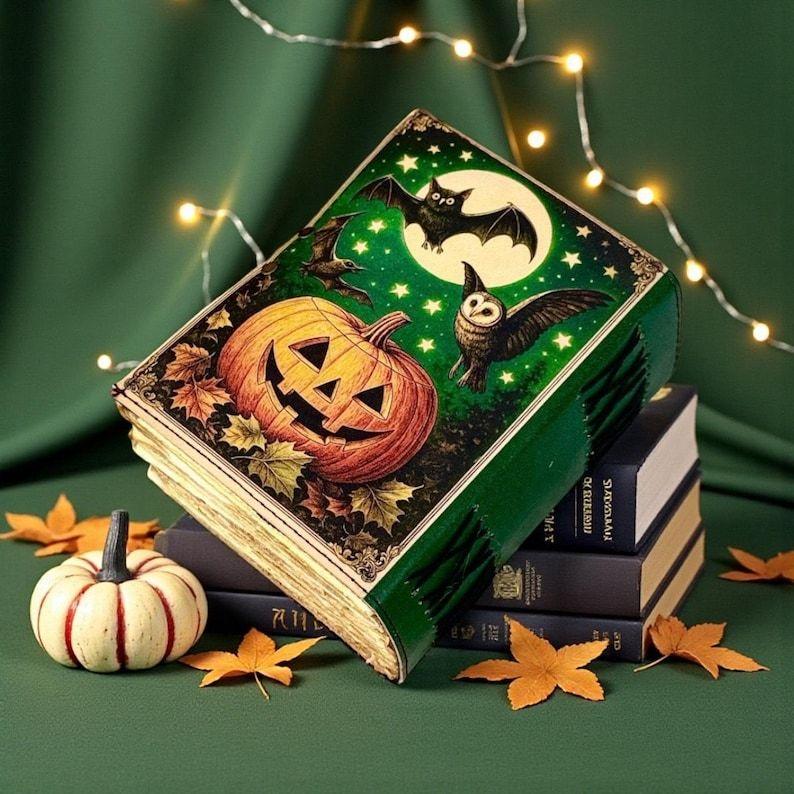 Pumpkin Leather Journal, Vintage -Lantern Spellbook, Witchcraft Grimoire with Bats & Moon, Handmade Deckle Diary