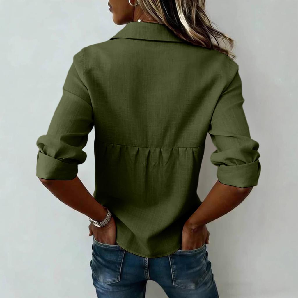 Women's Summer Fashion Color Lapel Button Long Sleeved Casual Loose Cotton And Linen Shirt Top