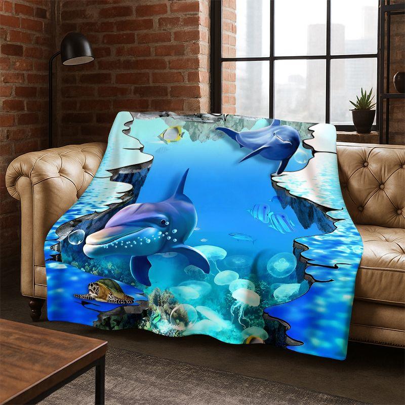 3D Illusion Underwater World Marine Life Shark Dolphin Cartoon Flannel Blanket Throw Blanket for Bedroom Living Room Bed Travel