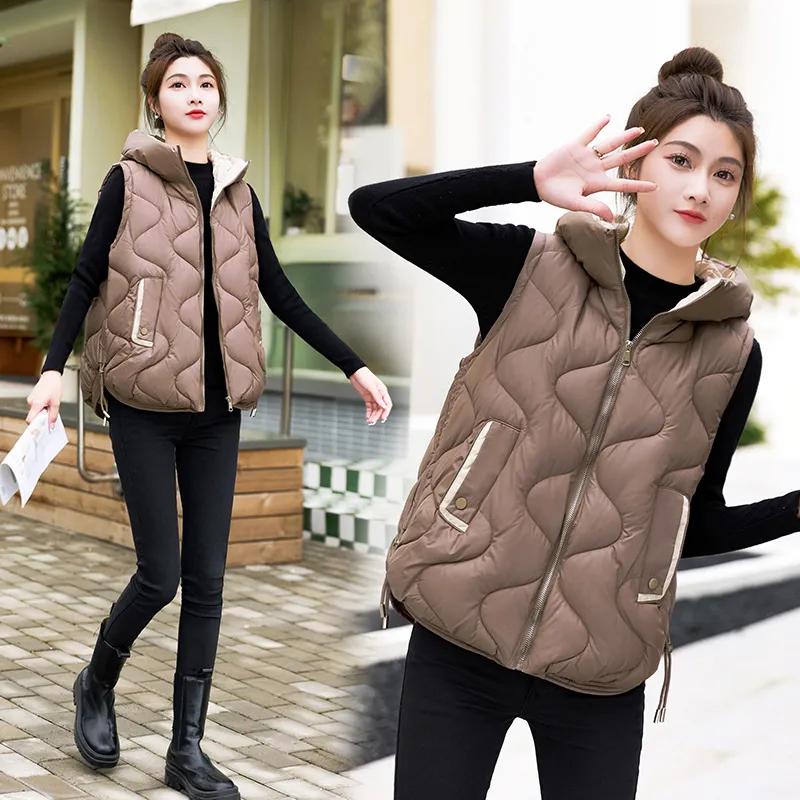 Women Autumn Winter Warm Waistcoat Sleeveless Hooded Coat Outerwear Casual Puffer Vest Student Jacket