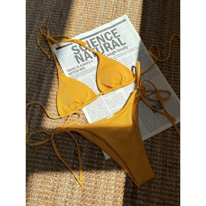 Sexy Brown Bikini 2026 Women Solid Red Halter Push Up Bra Tie Side Triangle Swimsuit Summer Bathing Suit Lace Up Micro Swimwear