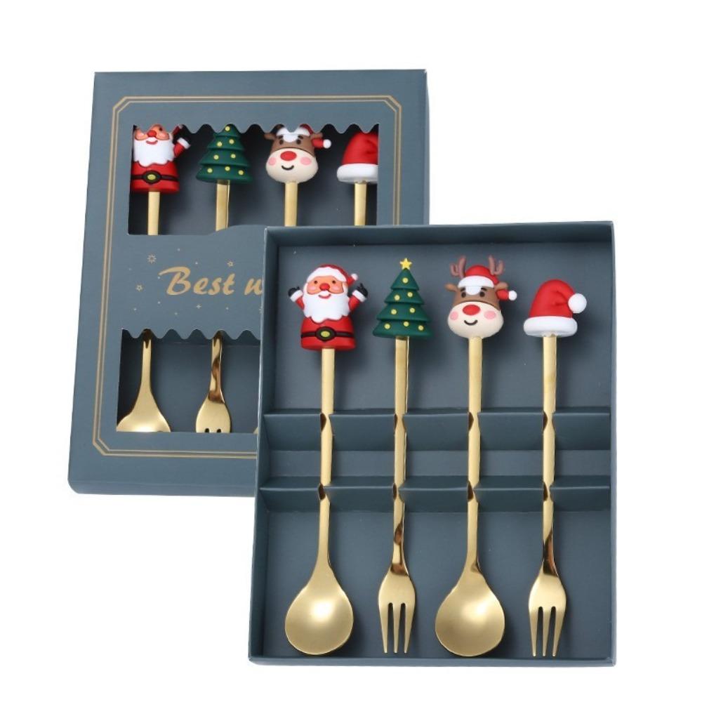 4/6pcs Gold Silver Spoon Fork Set Merry Christmas Coffee Tea Spoon Dessert Fork Birthday Gift