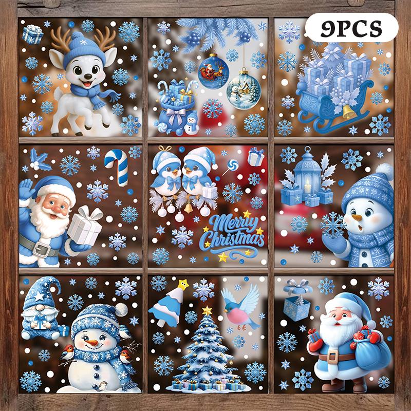 

Синие рождественские наклейки на окна - Набор статических наклеек с колокольчиками, оленями, Сантой, снежинками и снеговиком для праздничного декора A15