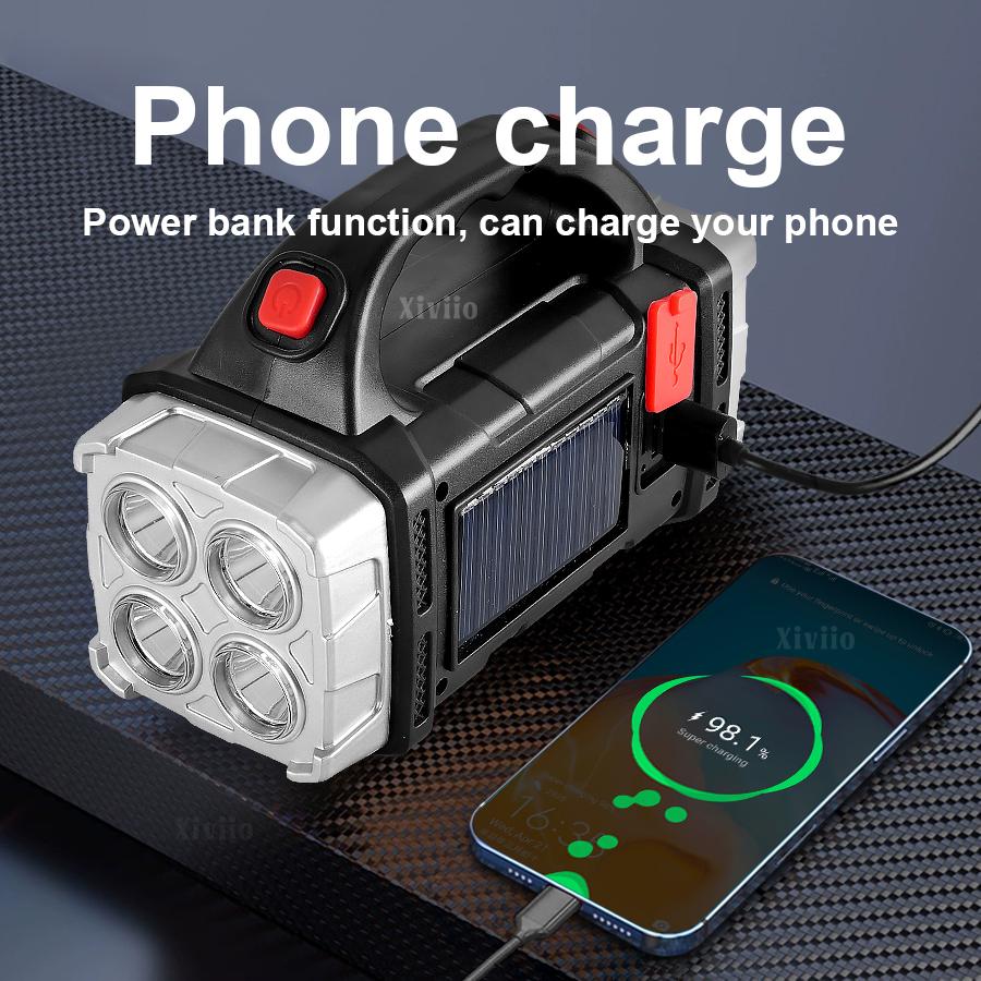 Przenośna Potężna Latarka USB Ładowalna Światło LED Słoneczne Z Lampą Roboczą COB 4 Biegowe Ładowanie Telefonu Komórkowego Lampa Kempingowa