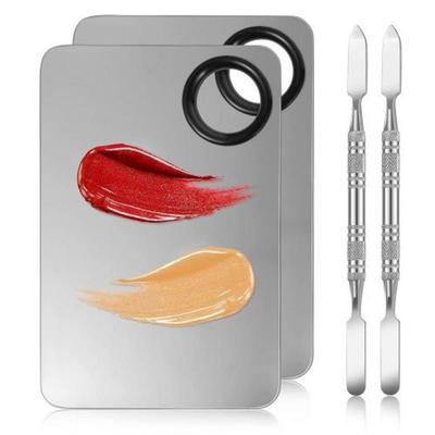 2 in 1 Set Make-Up Mischpalette Edelstahl Foundation Palette Inkl. Spatel zum Mischen von Foundation Lidschatten, 2) 4 in 2 Silber Rechteck