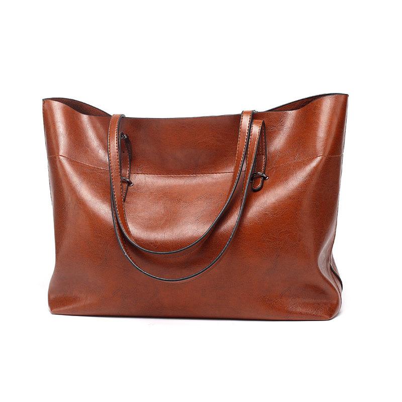New PU Women's Bag Fashion Waxed Cowhide Large Bag Handbag Shoulder Bag