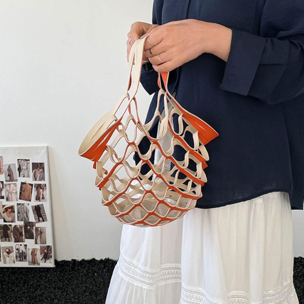 Foldable Leather Folding Tote Bag Large Capacity Woven Handbag Trendy Grocery Bag  Storage