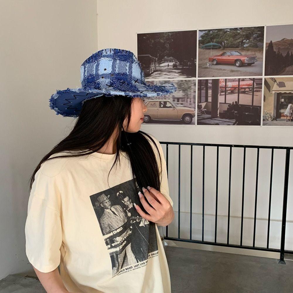 Adjustable Wide Brim Sun Hat Y2k Plaid Knight Hat Vintage Western Cowboy Hat for Male Female