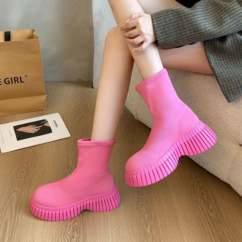 Modă 2025 Toamnă Nou Botine din Material Elastic pentru Femei cu Tălpi Groase cu Platformă Botine la Modă pentru Fete Pantofi Gotici Botine pentru Femei Până la Genunchi